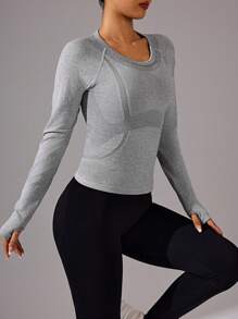 Easithlete 女士圆领插肩袖无缝/拇指孔运动长袖 T 恤 - 灰色 - 查看 4