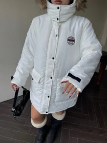 Flirla Plus Size Thermal White And Black Colorblock Fluffy Button Hooded Casual Padded Padded Coat Clothes Winter - White - View 8