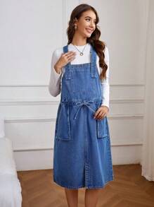 SHEIN Maternity Sleeveless Loose Casual Denim Jumper Dress With Pockets, Summer - Medium Wash - View 4