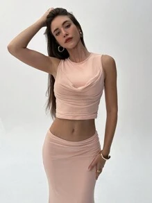 Aloruh Women's Sexy And Elegant Scoop Neck Draped Detail Top And Low Waist Skirt Knitted Skirt Set Pink Sets Women Two Pieces Sets Women Fall Sets Women Skirt Set
