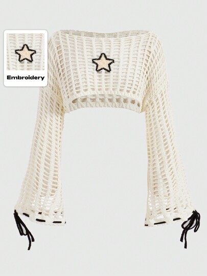 Kawaii Summer Crochet Hollow Out Drop Shoulder Crop Sweater, School
