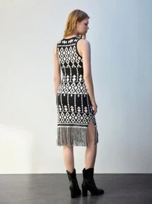 Maija Women's Western-Style Crew Neck All-Over Print Fringe Hem Sleeveless Sweater Dress, Autumn & Winter