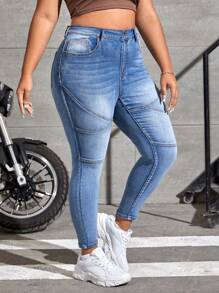SHEIN EZwear Plus Size Front Button Pocket Casual Denim Jeans