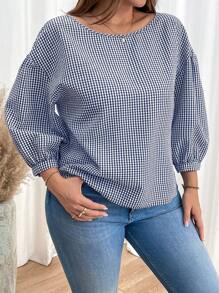 SHEIN Essnce 大码女装时尚返校服秋装女衬衫秋装教师服女复古服长袖格子衬衫休闲通勤秋季中长袖黑白格子宽松衬衫 - 藏蓝色 - 查看 3