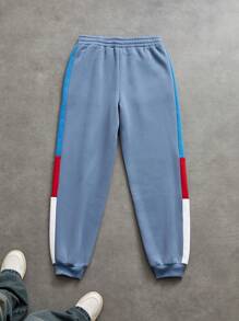 Sport MetroGents Boyfriend Style Men's Contrast Color Elastic Waist Pocket Sports Pants - Royal Blue - View 2