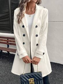 SHEIN LUNE LUNE Women's Slim Fit Double-Breasted Lapel Long Sleeve Overcoat - White - View 4