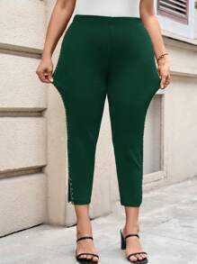 SHEIN Clasi Plus Size Summer Skinny Pants With Side Rhinestone Trim And Ankle Slit, Office Formal
