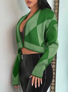 SHEIN SXY 春秋休闲拼色菱形短款开衫 - 綠色 - 查看 4