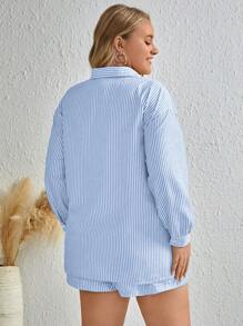 Inoviana Plus Size Striped Shirt And Shorts Set, Summer - Blue and White - View 2