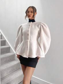 SHEIN Unity 1 件女式纯色可爱荷叶边下摆蓬松加绒加厚夹克，秋冬 - 白色 - 查看 5