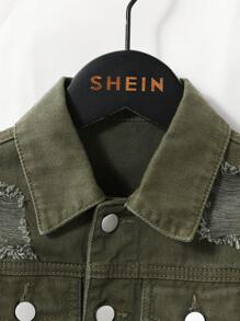 SHEIN Explorewe 2pcs Young Boy Casual Green Washed Denim Jacket Jeans Set, For Everyday & Back To School Wear Chic Outfits For Autumn/Winter - Army Green - View 4