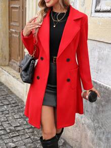 SHEIN Mantel Wanita Panjang Sedang, Campuran Wol, Warna Polos, Kerah Berlekuk, Kancing Ganda, Lengan Panjang - Merah - View 6