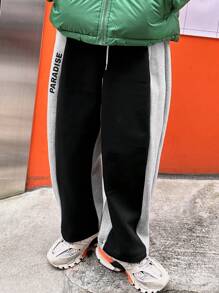 DAZY Men's Letter Print Patchwork Fleece Sweatpants, Autumn Men Joggers,Winter