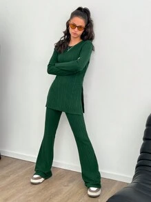 SHEIN Leap Crew 少女绿色圆领开衩长袖 T 恤和运动裤两件套休闲套装