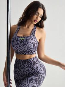 Menodora SHEIN Sport Menodora SHEIN Sport 女士全印花圆领运动胸罩，适合钢管舞和日常健身 - 黑色 - 查看 1