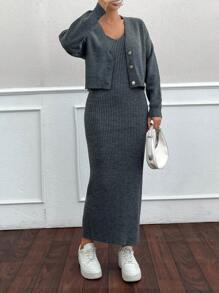 RueChic Woman Elegant  Knitting Detailed Maxi Dress And Cardigan Winter Two Piece Sweater Co-Ords