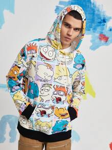 Nick 90s | SHEIN Men's Casual Cartoon Character Print Drop Shoulder Loose Drawstring Kangaroo Pocket Hoodie, Spring And Autumn