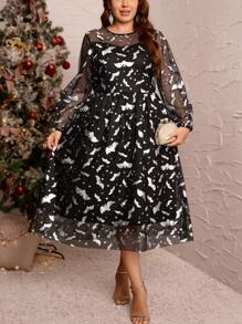 SHEIN Clasi Plus Size Women's Vintage Gothic Fashion Bat Allover Print Mesh Dress,Fall Halloween Clothes,Shiny Suitable For Party & Daily Wear Back To School Fall Wedding Guest