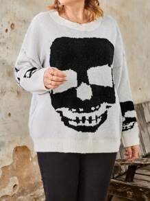 Plus Size Women Skull Pattern Crew Neck Long Sleeve Casual Sweater, Autumn Winter Knit Pullover Fall - Black and White - View 4