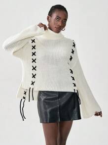SHEIN Unity Women's Autumn/Winter High Neck Dropped Shoulder Long Sleeve Drawstring Knitted Sweater, Fall - Beige - View 1