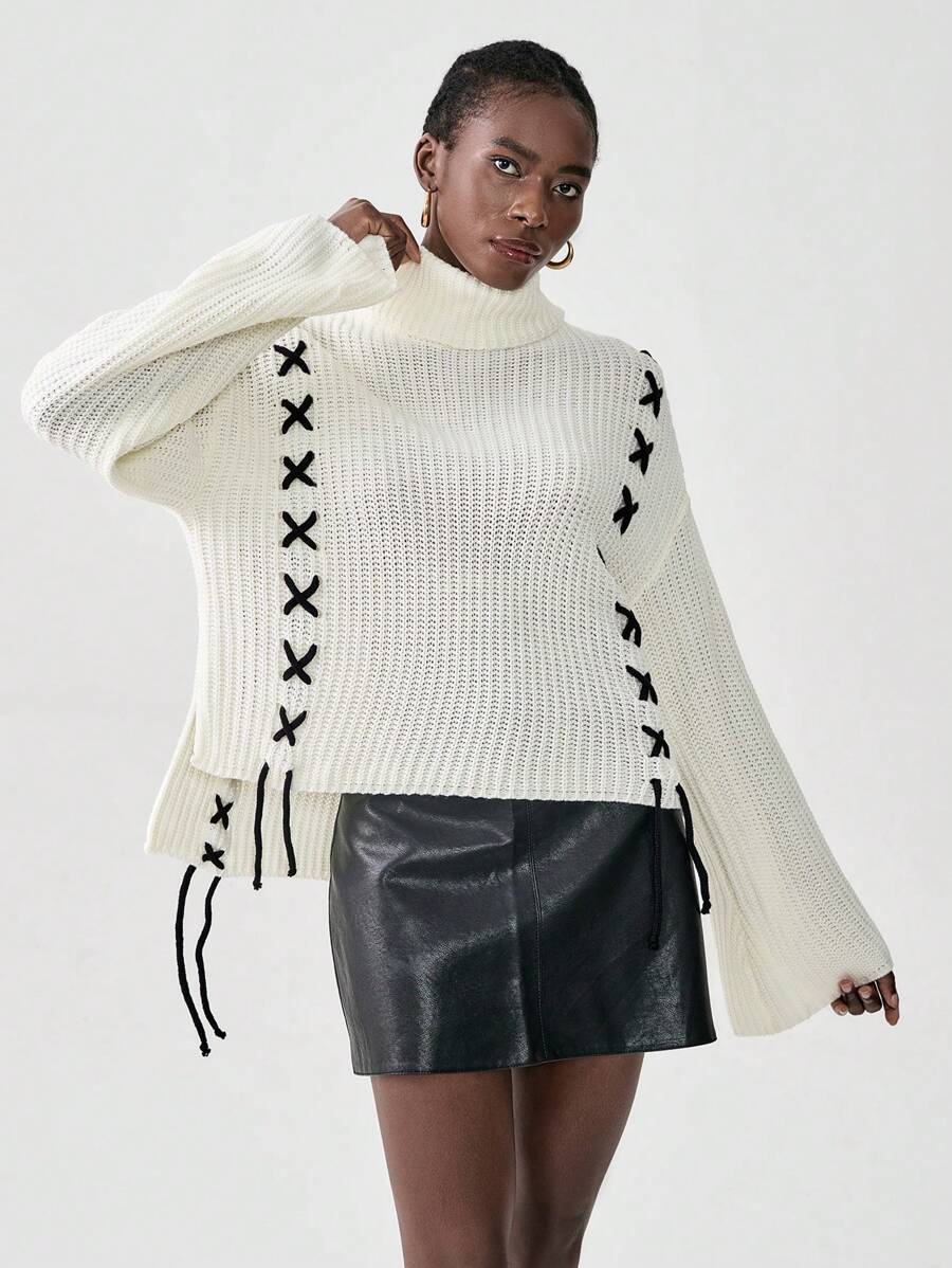 SHEIN Unity Women's Autumn/Winter High Neck Dropped Shoulder Long Sleeve Drawstring Knitted Sweater, Fall - Beige - View 1