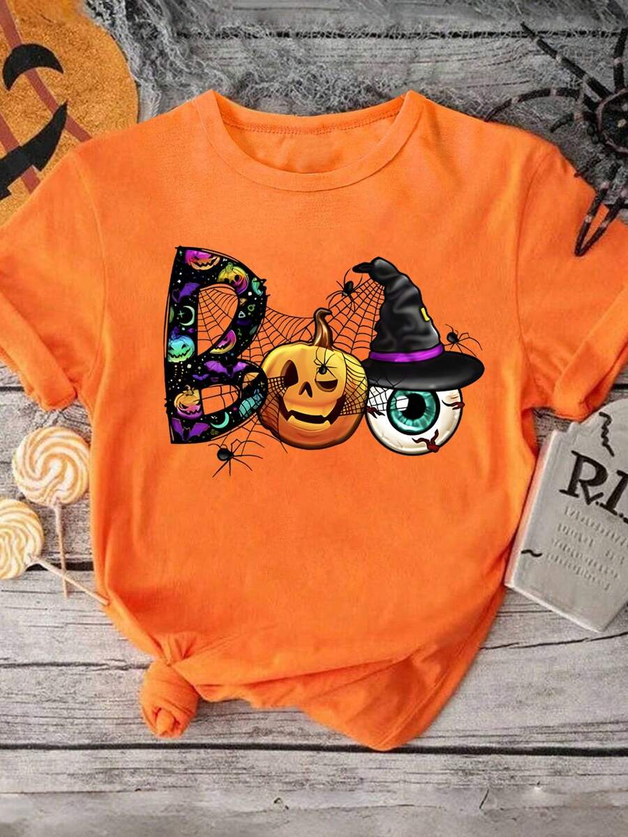 SHEIN CURVE+ 大码女式夏季南瓜印花圆领短袖休闲 T 恤 - 橘色 - 查看 1