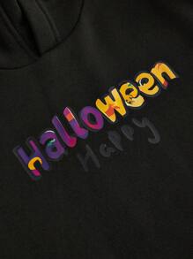 SHEIN Tween Tween Girl Black Short Spliced ​​Loose Knitted Hooded Sweatshirt For Girls, Comfortable And Warm Spliced ​​Halloween Digital Print With Colorful English Letters Outdoor Fashion Sports Top Pumpkin Candy Cat Black And White Plaid Digital Print Outdoor Fashion Sports Campus Street Outdoor Festival Sweatshirt Top Long-Sleeved Hooded - Black - View 7