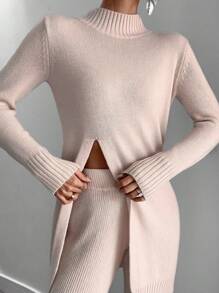 Chiquease Women Stand Collar Slit Hem Fitted Sweater And Flared Pants 2-Piece Set Fall Cloth For Women - Beige - View 4