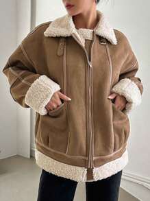 Dazy-Less Top-Stitching Drop Shoulder Teddy Lined Suedette Jacket,Ladies Winter Casual Pocket,Zipper Drop Shoulder Oversized Camel Plain Women Jackets,Winter Warmth/ Winter Fashion,Thermal Lined