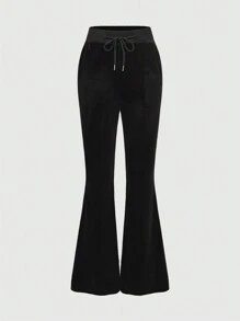 ROMWE Grunge Punk Set de 2 piezas compuesto por top con cremallera y capucha de terciopelo con parches y pantalones acampanados con cordón de mujer