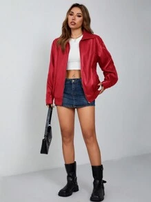 SHEIN ICON Drop Shoulder Zip Up Black PU Jacket - Red - View 6