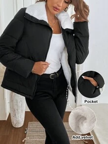 SHEIN LUNE 1pc Women's Black Casual Lune Down& Feathers Coat, Winter,Basic Top,Travel Outfit Airport