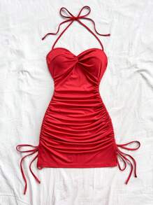 Soleia Sexy Spaghetti Strap Tie Front Twist Drawstring Mini Dress - Red - View 4