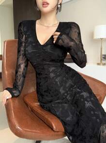 DAZY Women's Long Bodycon Dress With All Over Bow Print,Ruffle,Fall Dress