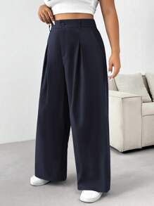 SHEIN EZwear 大码纯色前扣简约西装裤，休闲日常装，毕业装，返校装，秋冬女士教师装 - 藏蓝色 - 查看 4