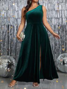 SHEIN Clasi 加大码夏季优雅纯色不对称领口高开衩连衣裙，适合圣诞节长款女装 - 綠色 - 查看 3