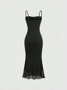 SHEIN Unity Đầm lưới đen không tay thanh lịch cho nữ có viền đuôi cá, trang phục Maxi thời trang mùa hè cho nữ - màu đen - Xem 2