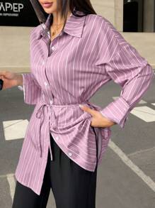 SHEIN Unity 休闲条纹长袖长腰带纽扣衬衫 - 粉色 - 查看 3