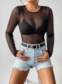 Allurite Hollow Out Fishnet Mesh Top Without Bra Fall Cloth For Women - Black - View 5