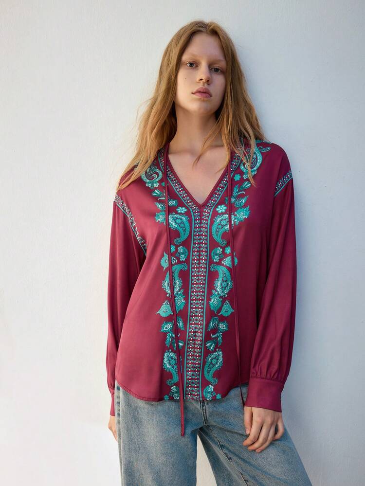 SHEIN Maija Damen Langarm Shirt mit Musterdruck in Mehrfarbig, Rundhalsausschnitt, Bordeauxrot, vielseitig für den Alltag tragbar, Herbst/Winter
