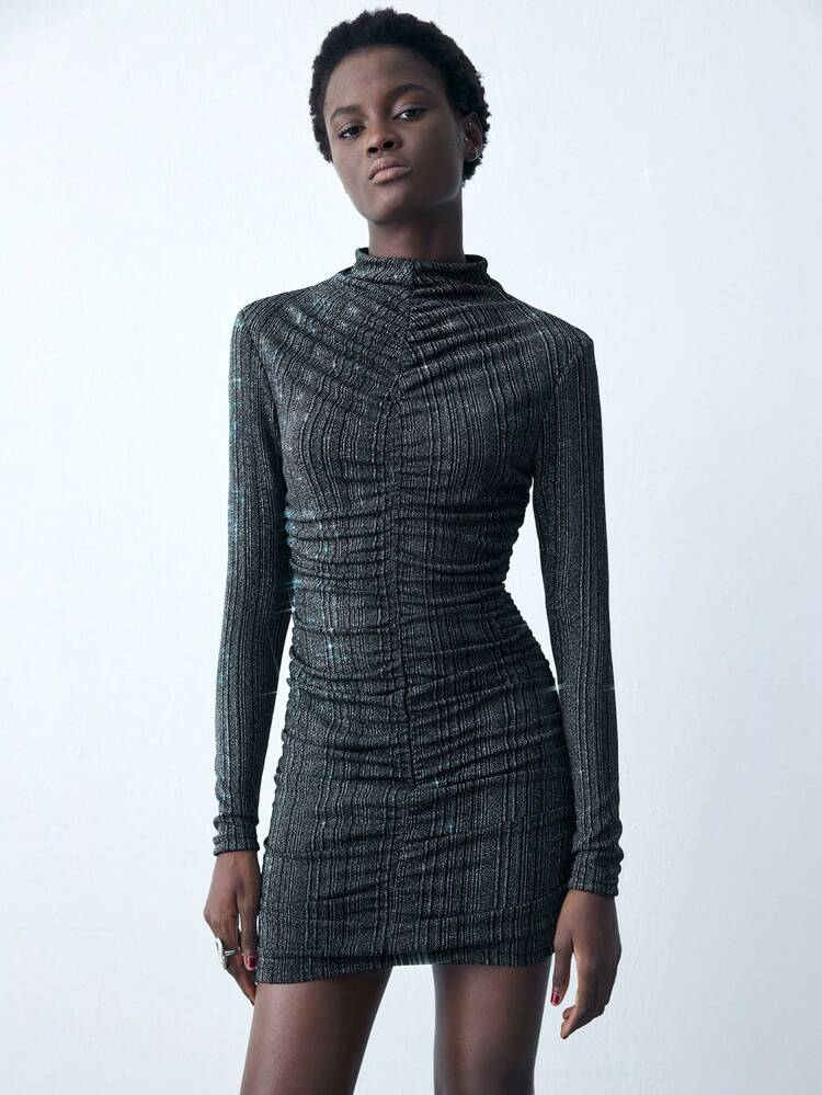 SHEIN Maija Women's Gray Ruched Design Minimalist Urban Versatile Solid Color Stand Collar Long Sleeve Ruched Fitted Mini Dress