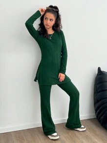 SHEIN Leap Crew 少女绿色圆领开衩长袖 T 恤和运动裤两件套休闲套装