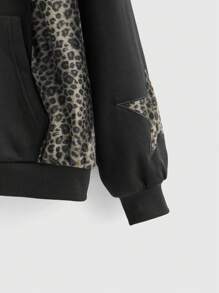 ROMWE Grunge Punk Oversized Leopard Print & Star Embroidered Hooded Zip-Up Sweatshirt For Women - Black - View 3