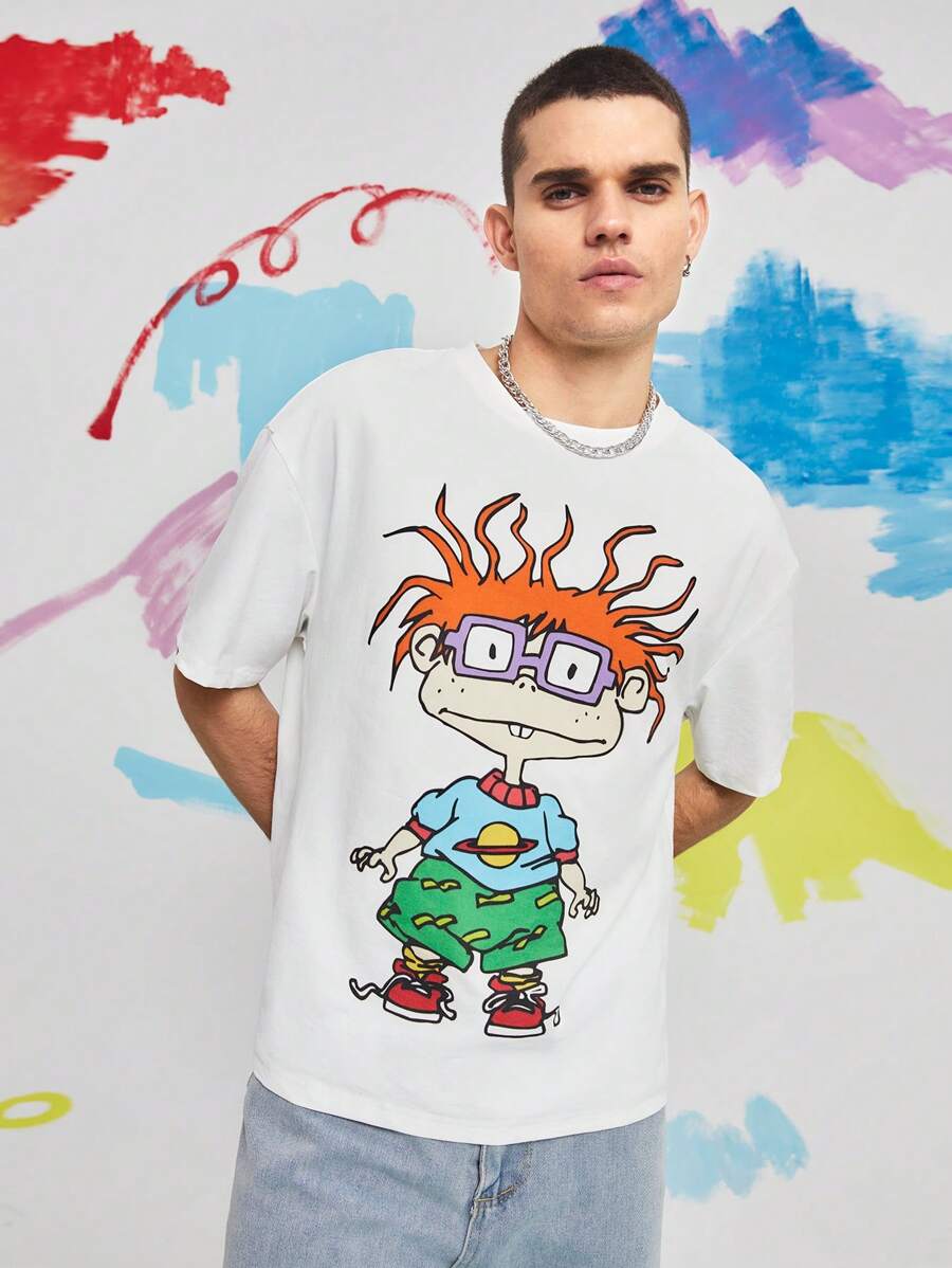 Nick 90s | SHEIN Men's Casual Cartoon Character Oversized Relaxed Fit White T-Shirt, Summer