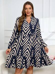 SHEIN Clasi Plus Size Casual Notched Neck Herringbone Printed Dress For Fall - Navy Blue - View 6
