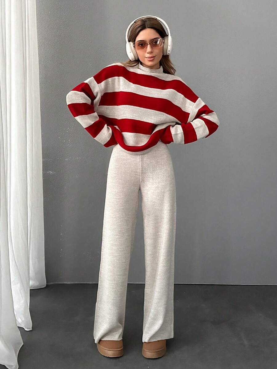 EURMUSE Women Stripe Pattern Mock Neck Pullover & Sweater Pants Set - Multicolor - View 1