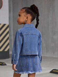SHEIN 2 件女童牛仔翻领长袖夹克和百褶裙套装 - 中等水洗藍 - 查看 6