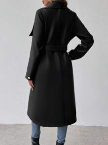 SHEIN Clasi 女士时尚长袖羊毛大衣，中长款，翻领，系带 - 黑色 - 查看 2