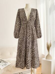 SHEIN Frenchy Plus Size Women Leopard Print Midi Dress, Fashionable Minimalist Style For Autumn - Brown - View 11