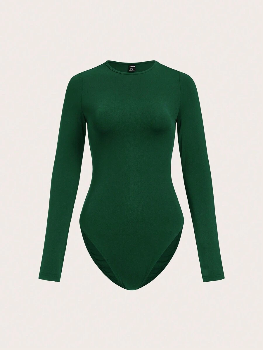 SHEIN BASICS 女士纯色圆领长袖休闲紧身衣，秋季，新年 - 墨綠色 - 查看 1